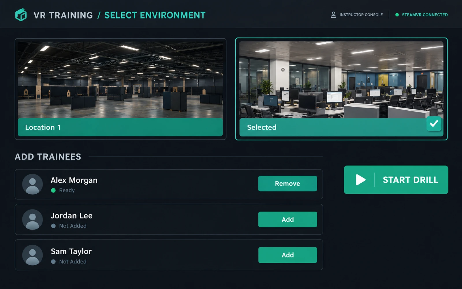 Battle VR instructor console: select a training environment, add trainees and start the drill
